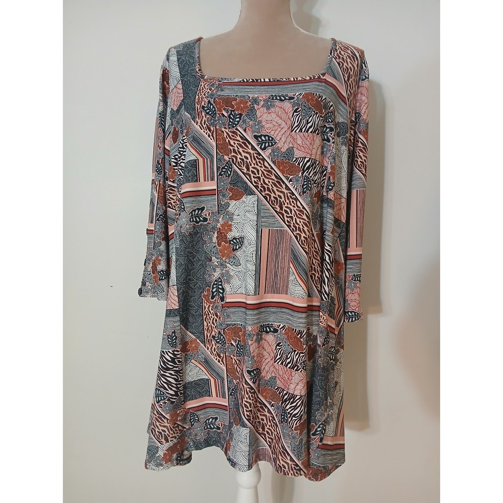 Attitudes by Renee Womens 2X Tunic Dress Mixed Print Leopard Floral Square Neck